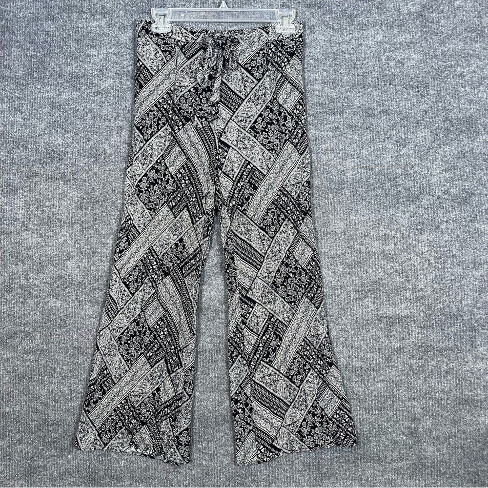 ASTR Womens Medium‎ Black White Boho Festival Wide Leg Flowy Pull On Tie Pants - Picture 3 of 10